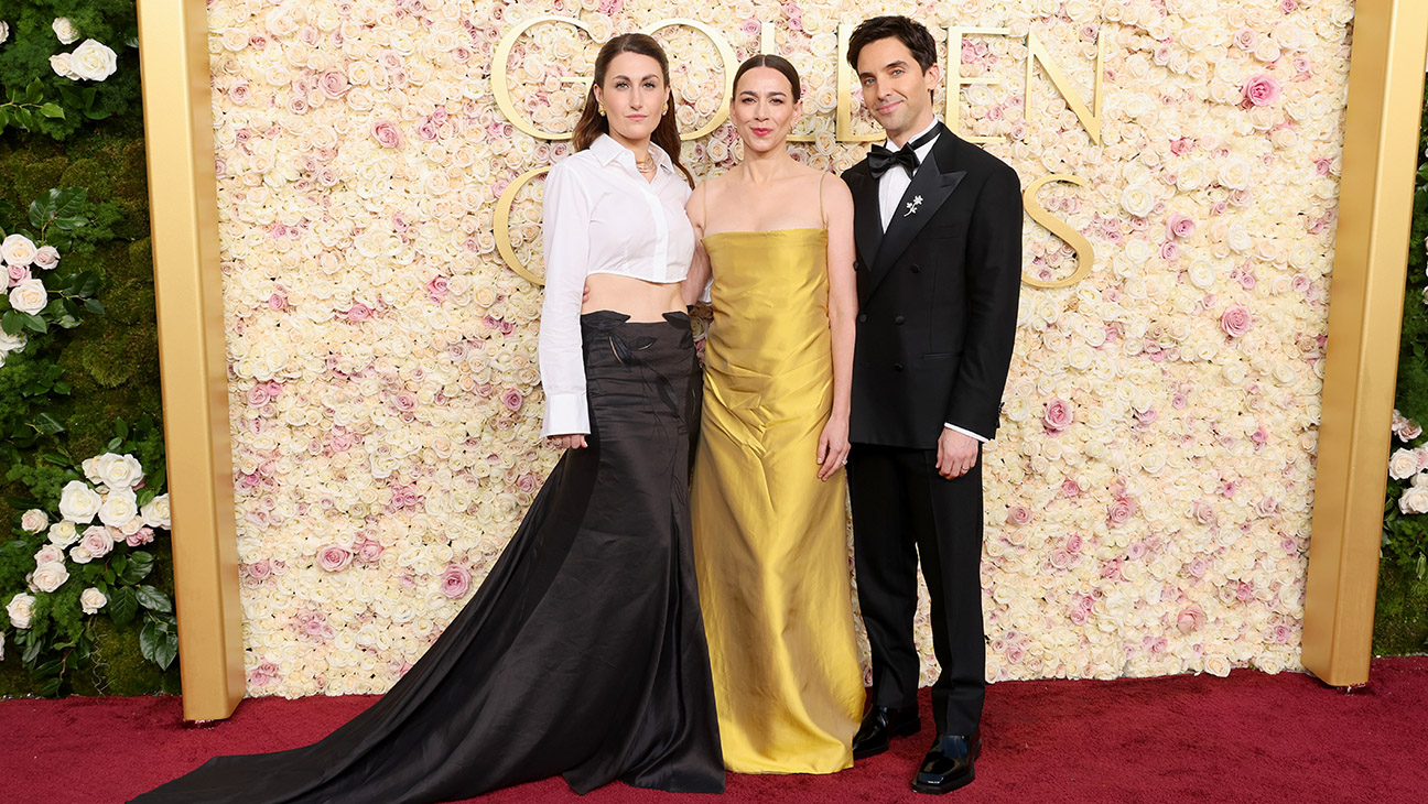 (L-R) Jen Statsky, Lucia Aniello, and Paul W. Downs attend the 82nd Annual Golden Globe Awards at The Beverly Hilton on January 05, 2025 in Beverly Hills, California.
