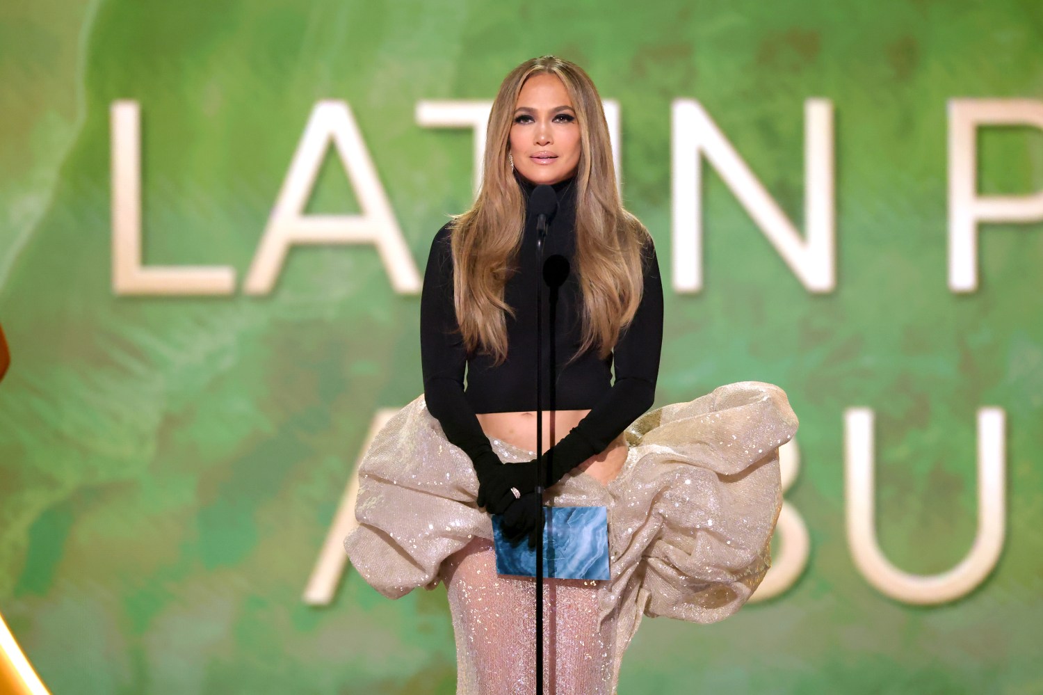 Jennifer Lopez presents during the Grammy Awards.