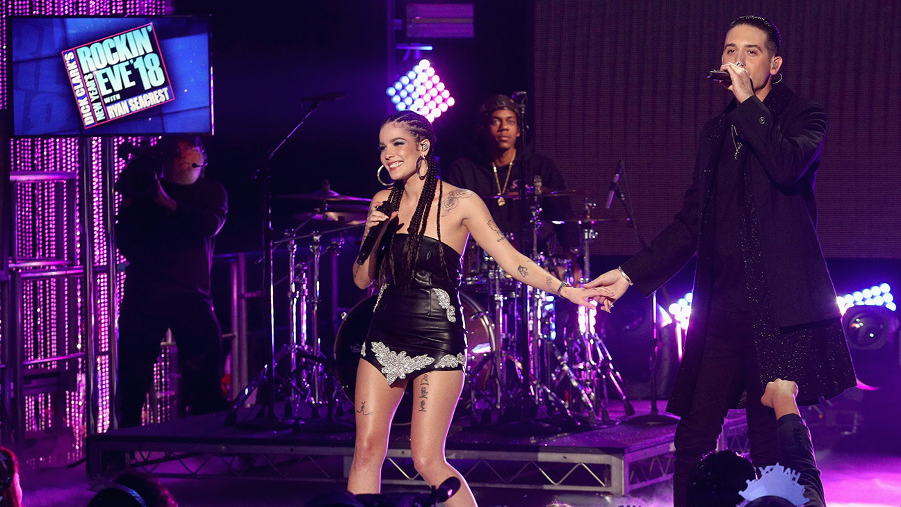 Halsey (L) and G-Eazy perform onstage during Dick Clark's New Year's Rockin' Eve with Ryan Seacrest 2018 on December 31, 2017 in Los Angeles, California.