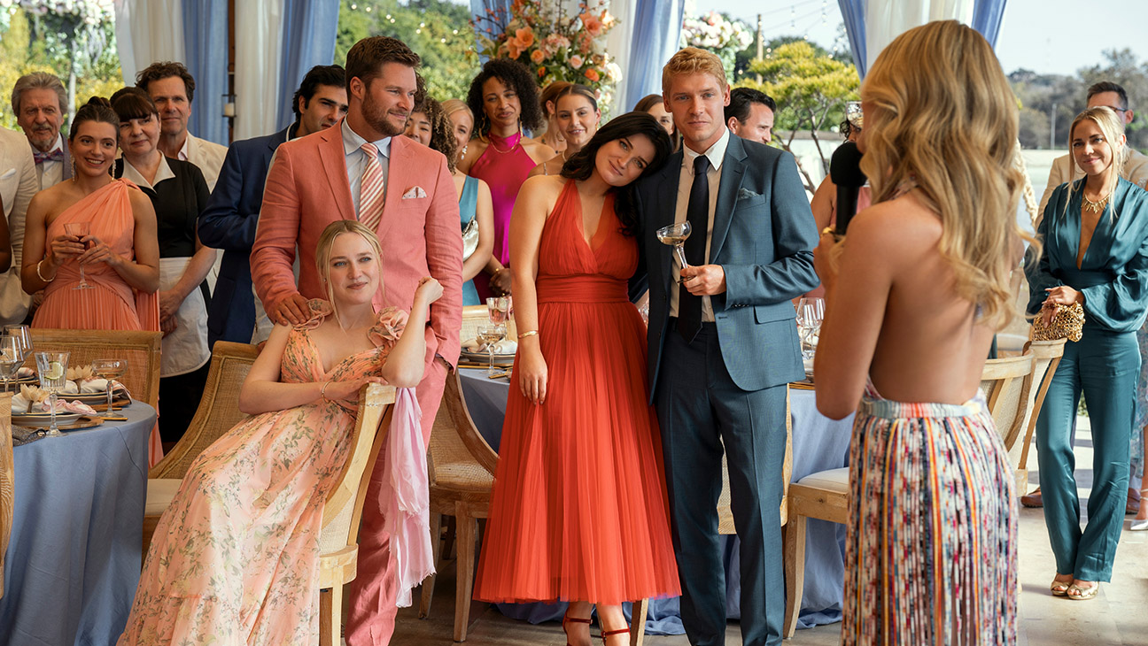 (L to R) Dakota Fanning as Abby Winbury, Jack Reynor as Thomas Winbury, Eve Hewson as Amelia Sacks, Billy Howle as Benji Winbury, Meghann Fahy as Merritt Monaco in episode 101 of The Perfect Couple.