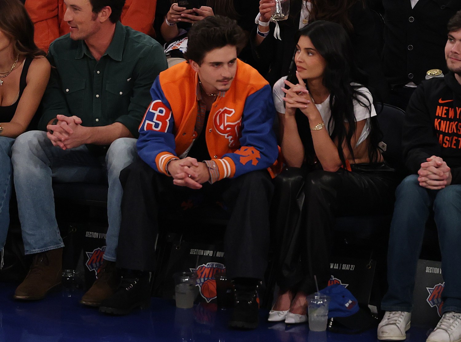 NEW YORK, NEW YORK - MAY 29: Timothée Chalamet and Kylie Jenner look on from court side during the first quarter in Game 5 of the Eastern Conference Finals at Madison Square Garden on May 29, 2025 in New York City. User expressly acknowledges and agrees that, by downloading and or using this photograph, User is consenting to the terms and conditions of the Getty Images License Agreement. (Photo by Al Bello/Getty Images)