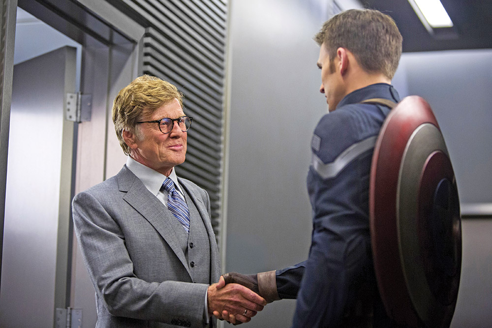 Redford with Chris Evans in 2014’s Captain America: Winter Soldier.